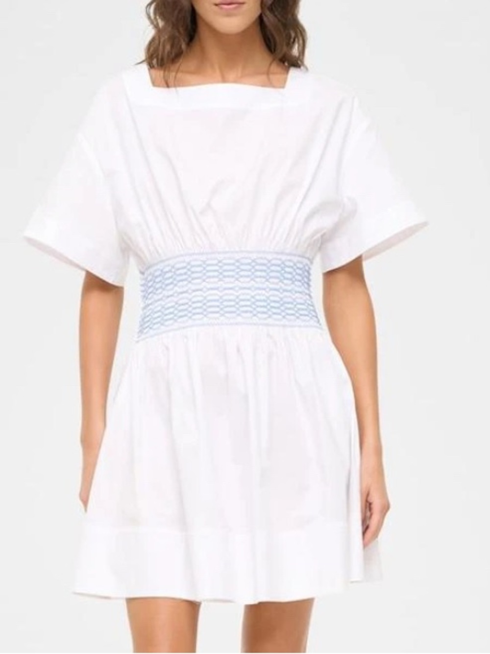 STAUD Amy Mini Dress 
White with Light Blue Smocked Waist